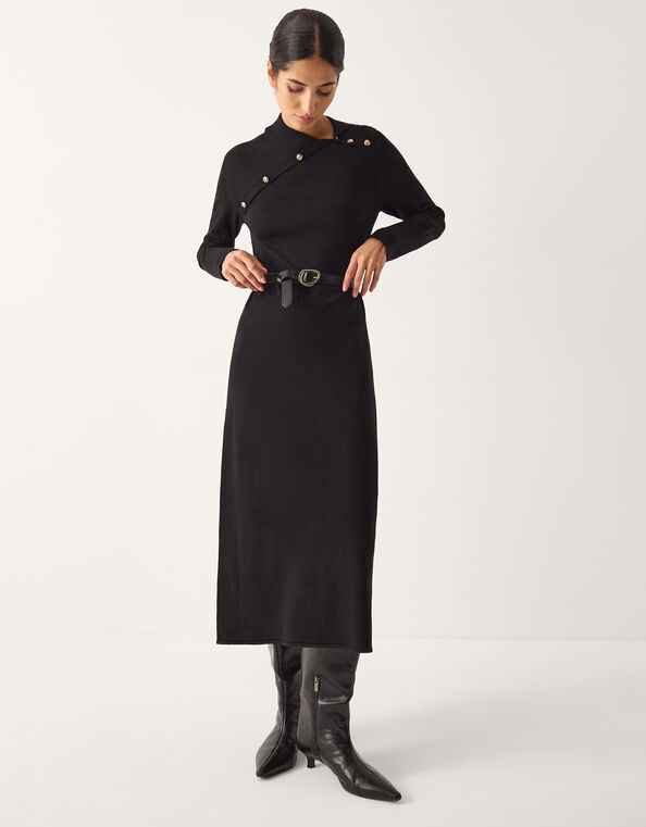 Cate Button Collar Midi Sweater Dress, Black (BLACK), large