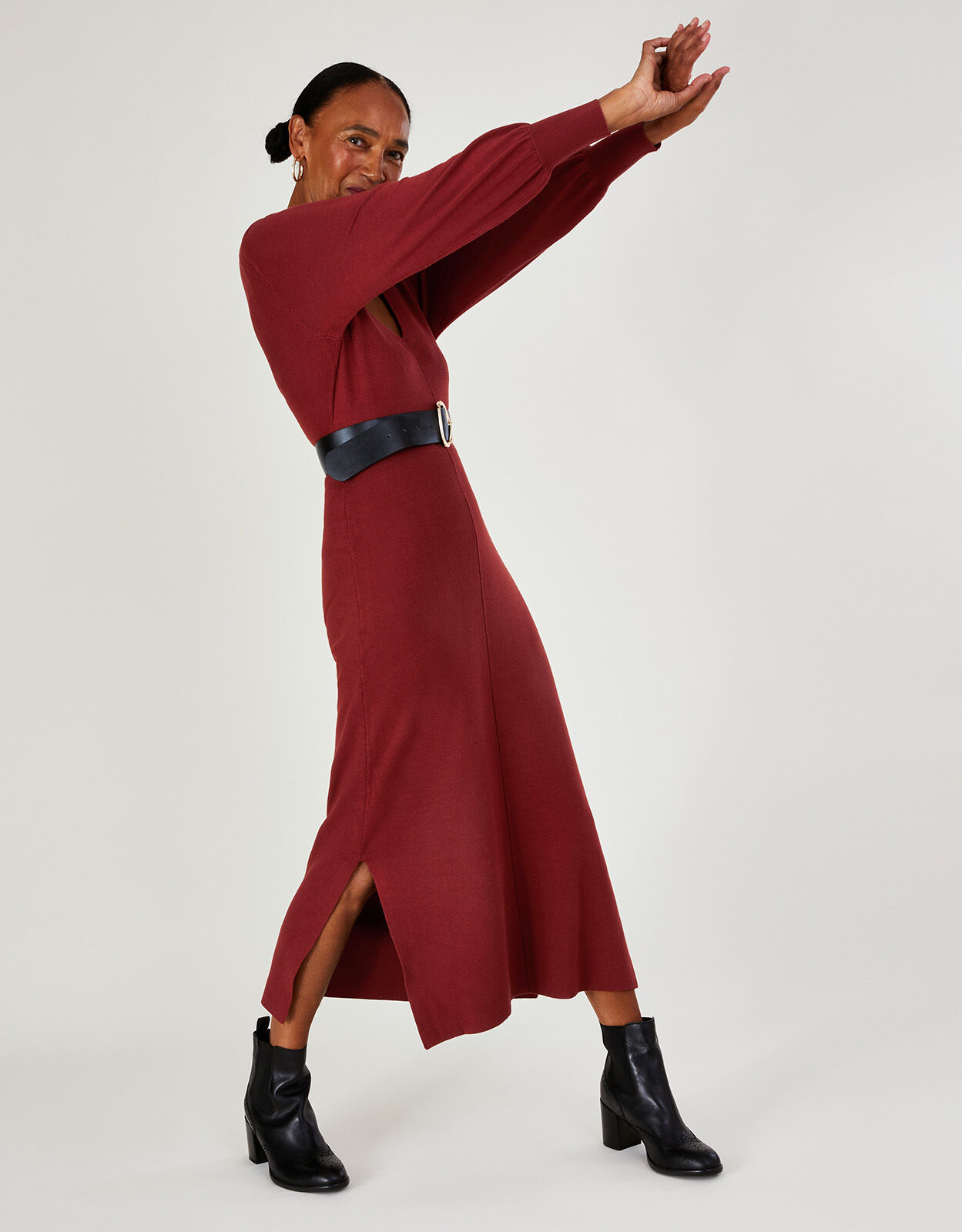 V Neck Belted Knit Maxi Dress Orange