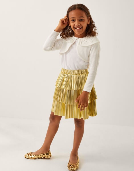 Metallic Pleat Tiered Skirt, Gold (GOLD), large
