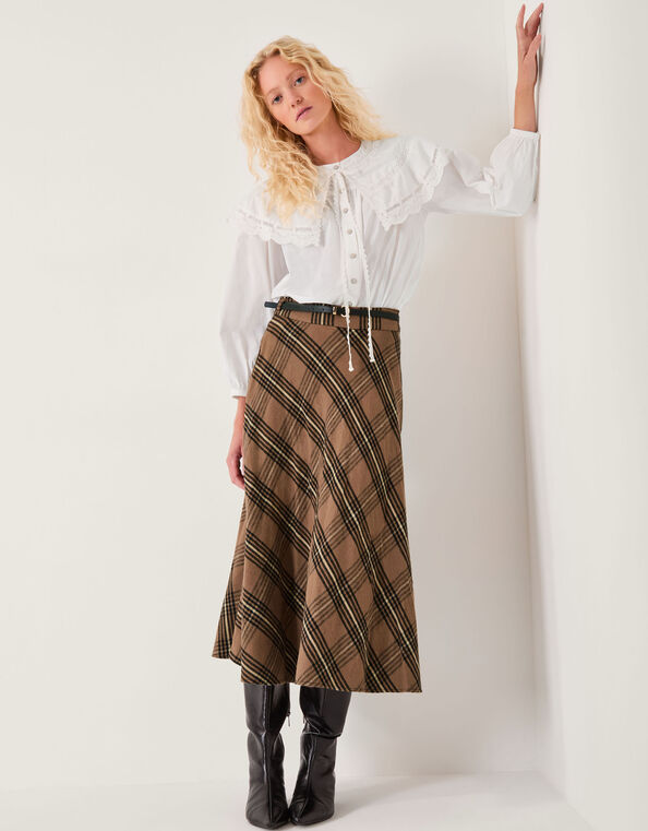 Willa Check Midi Skirt, Camel (CAMEL), large