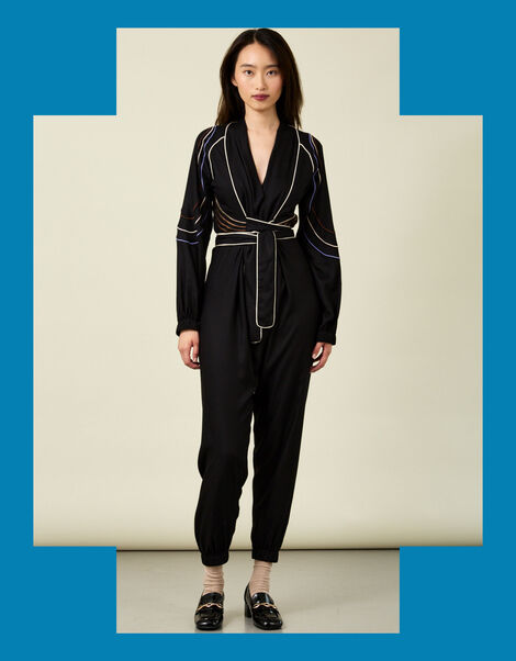 Tallulah and Hope Embroidered Satin Wrap Jumpsuit, Black (BLACK), large