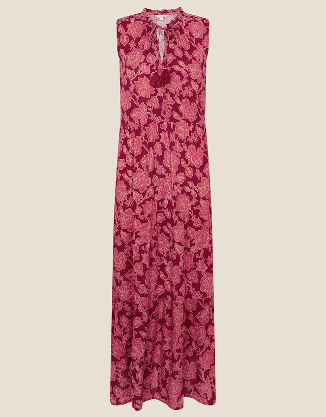 Sleeveless Floral Trapeze Maxi Dress, Red (RED), large