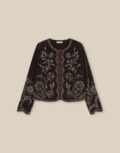 Julia Floral Embellished Velvet Jacket, Brown (CHOCOLATE), large
