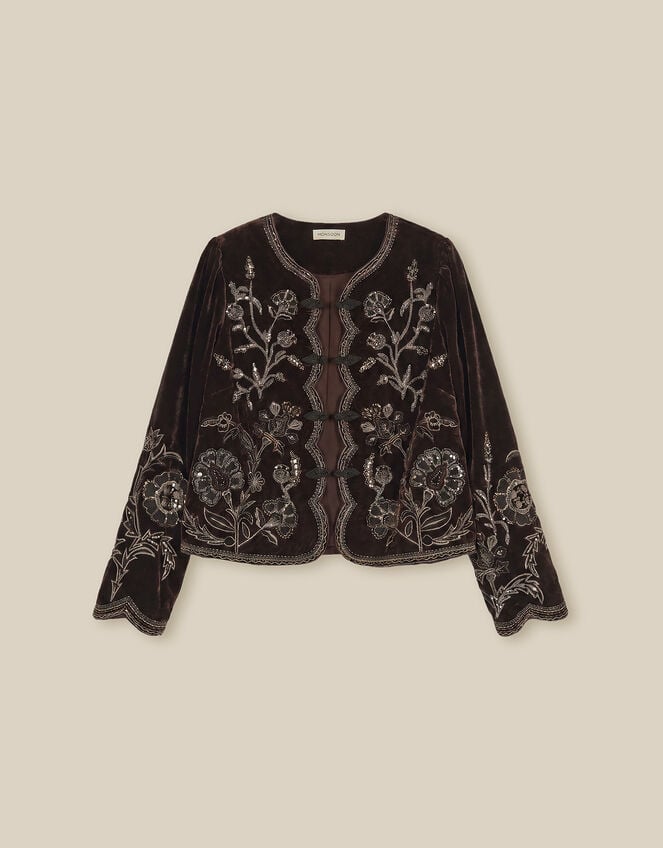 Julia Floral Embellished Velvet Jacket, Brown (CHOCOLATE), large
