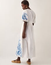 Maria Embroidered Puff Sleeve Midi Dress, White (WHITE), large