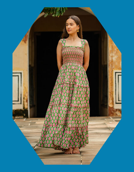 India & Mills Maddie Tiered Maxi Dress, Green (GREEN), large