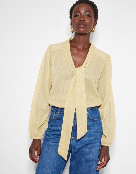 Pree Sparkle Plisse Pussybow Blouse, Gold (GOLD), large