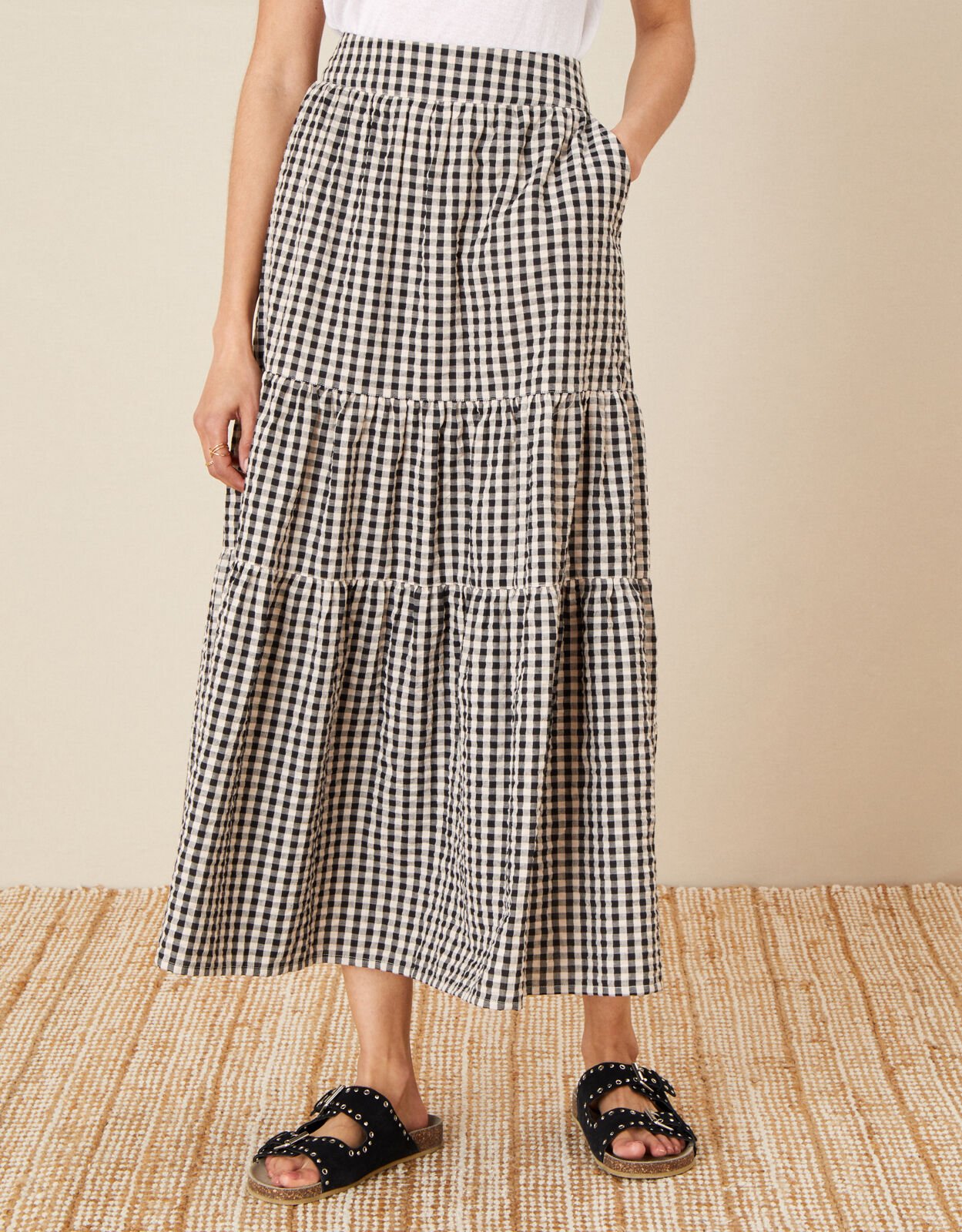 Gingham Tiered Skirt Natural
