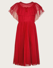Frilly Polka Dot Mesh Pleated Dress, Red (RED), large