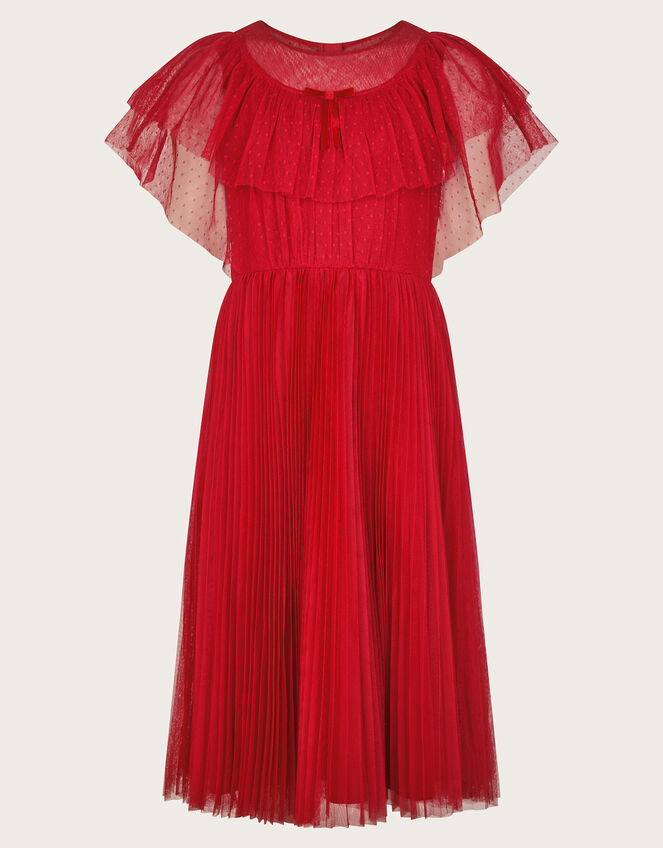 Frilly Polka Dot Mesh Pleated Dress, Red (RED), large