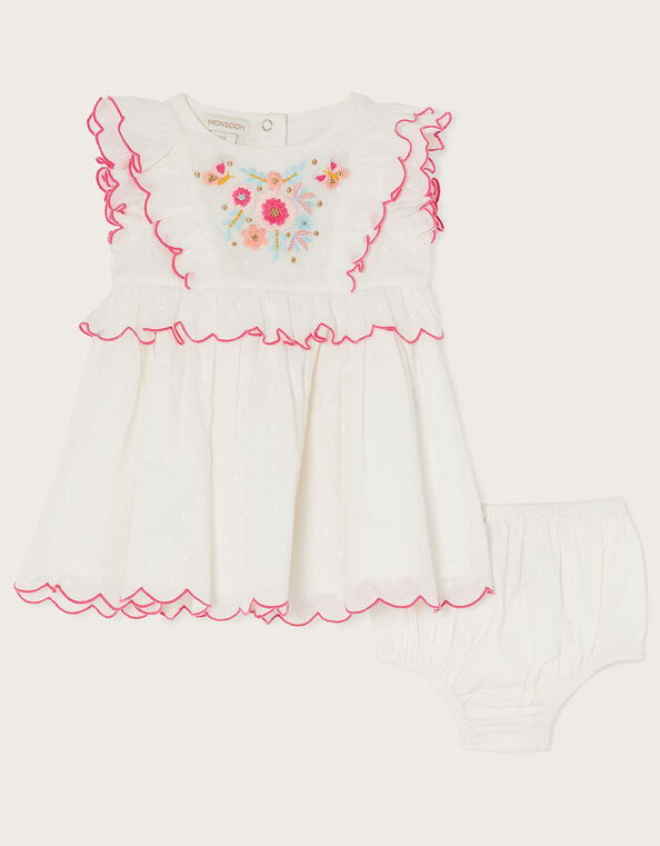 Newborn Embroidered Dress and Briefs Set, Ivory (IVORY), large