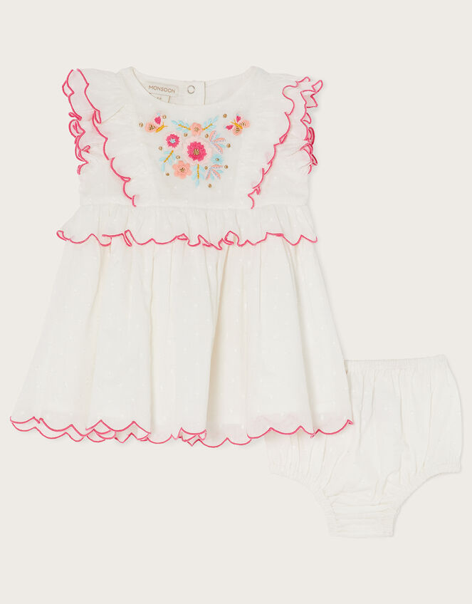 Newborn Embroidered Dress and Briefs Set, Ivory (IVORY), large