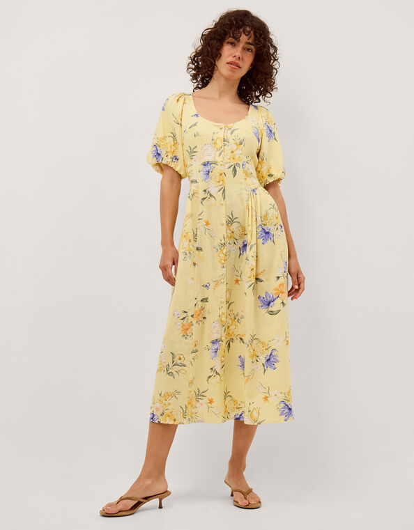 Etta Floral Linen Blend Midi Dress, Yellow (YELLOW), large
