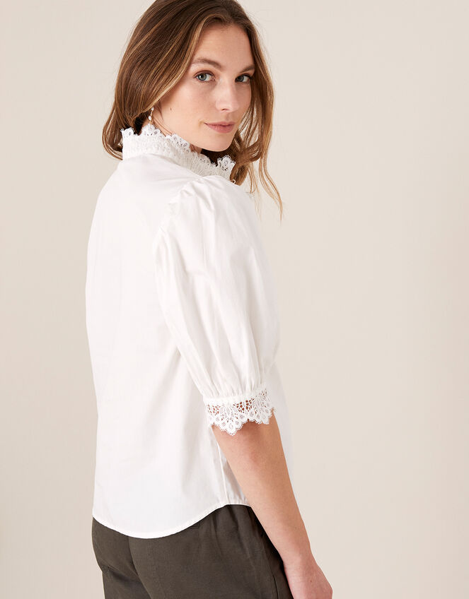 Victoriana Lace Trim Poplin Shirt, White (WHITE), large