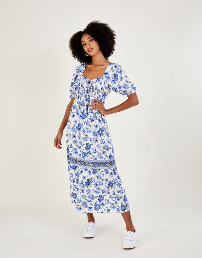 Floral Print Tie Detail Maxi Dress, Blue (BLUE), large