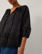 Esme Floral Appliqué 3/4 Sleeve Top, Black (BLACK), large