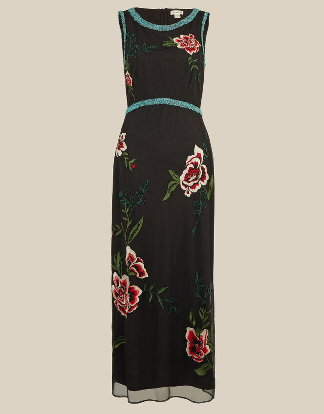 Luna Sleeveless Floral Embellished Mesh Midi Dress, Black (BLACK), large