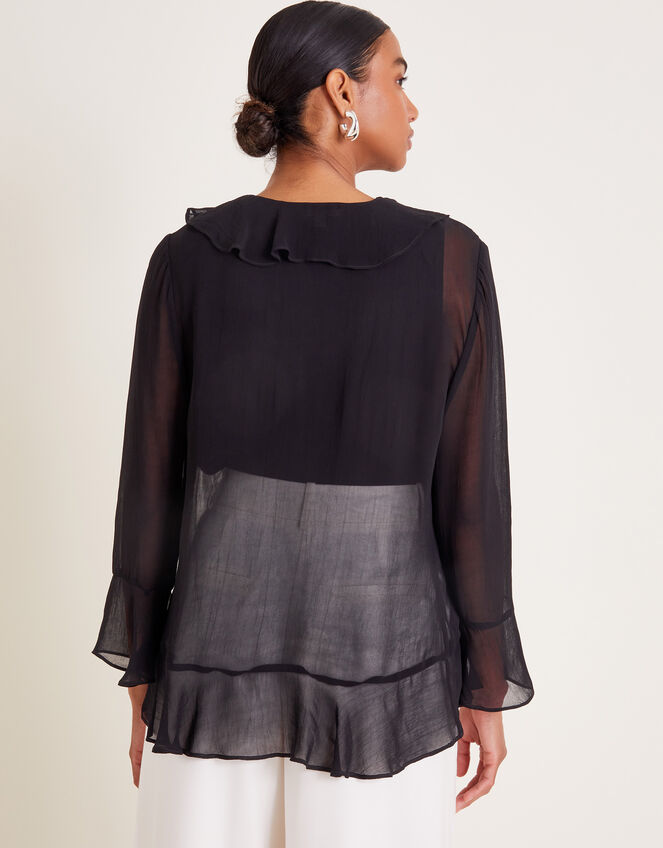 Fiona Sheer Frill Tie-Front Blouse, Black (BLACK), large