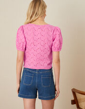 Tie Front Broderie Top, Pink (PINK), large