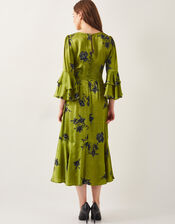 Pelia Satin Ruffle Midi Dress, Green (CHARTREUSE), large