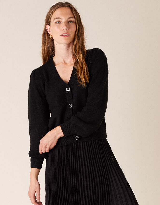 Blouson Sleeve Cardigan with Recycled Fabric, Black (BLACK), large
