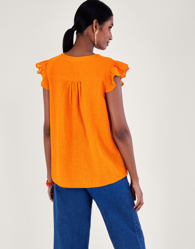 Flutter Sleeve Neck Detail Top in Linen Blend, Orange (ORANGE), large