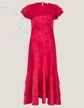 Ester Satin Ruffle Midi Dress, Red (RED), large