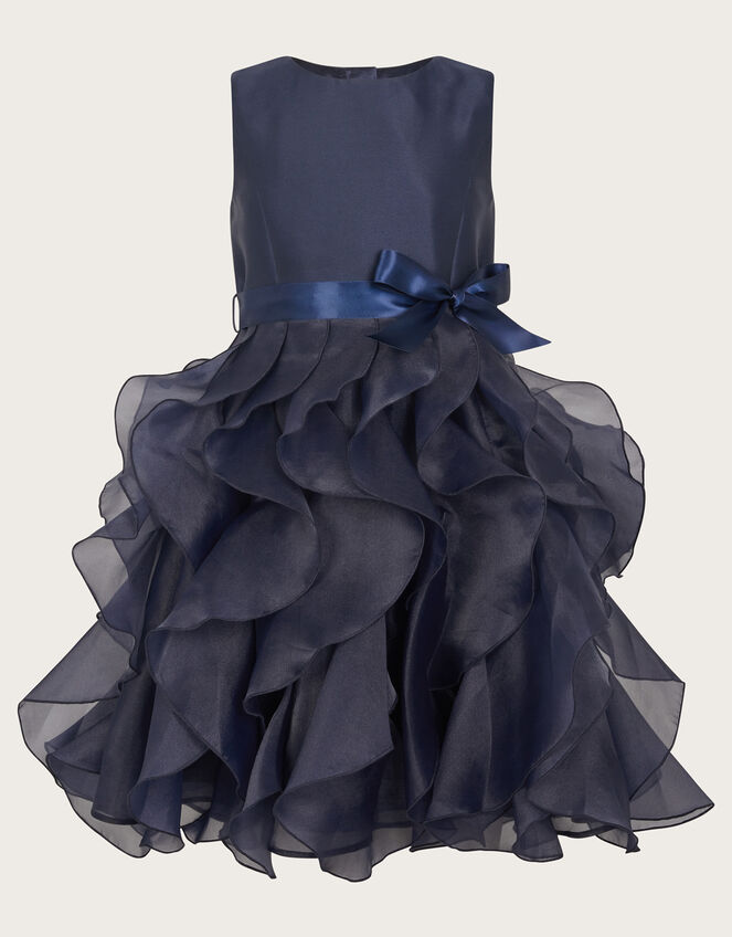 Duchess Twill Ruffle Dress, Blue (NAVY), large