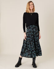 Floral Tiered Midi Skirt in LENZING™ ECOVERO™, Black (BLACK), large