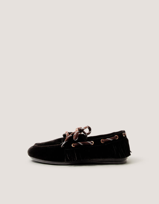 Alba Fringe Suede Moccasin Loafers, Black (BLACK), large