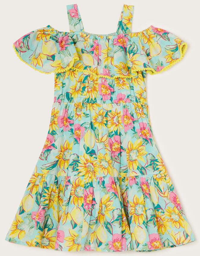 Tropical Print Tiered Bardot Dress, Green (GREEN), large