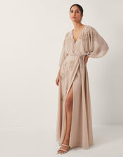 Skyla Floral Embellished Maxi Wrap Dress, Nude (NUDE), large