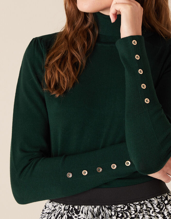 Roll Neck Button Cuffs Knit Jumper, Green (DARK GREEN), large