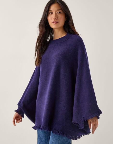Fay Fringe Trim Poncho , Blue (NAVY), large
