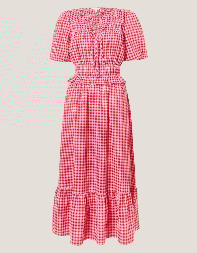 Mel Puff Sleeve Gingham Midi Dress, Red (RED), large