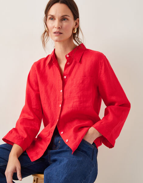 Thea Linen Shirt , Orange (CORAL), large