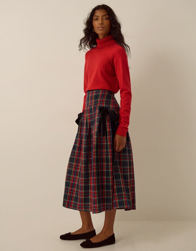 Dottie Velvet Bow Tartan Midi Skirt, Red (RED), large