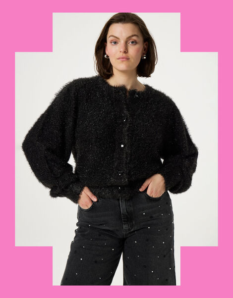 Fabienne Chapot Metallic Fluffy Cardigan, Black (BLACK), large