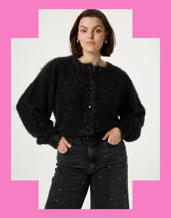 Fabienne Chapot Metallic Fluffy Cardigan, Black (BLACK), large