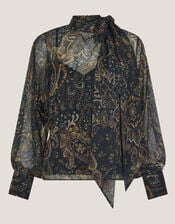 Marianna Sheer Paisley Pussybow Blouse, Green (GREEN), large