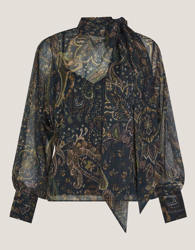 Marianna Sheer Paisley Pussybow Blouse, Green (GREEN), large