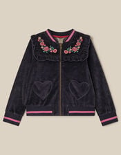 Embroidered Collar Velour Bomber Jacket, Blue (NAVY), large