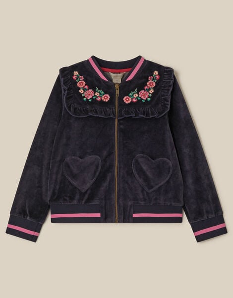 Embroidered Collar Velour Bomber Jacket, Blue (NAVY), large