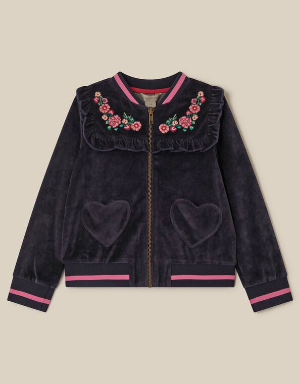 Embroidered Collar Velour Bomber Jacket, Blue (NAVY), large