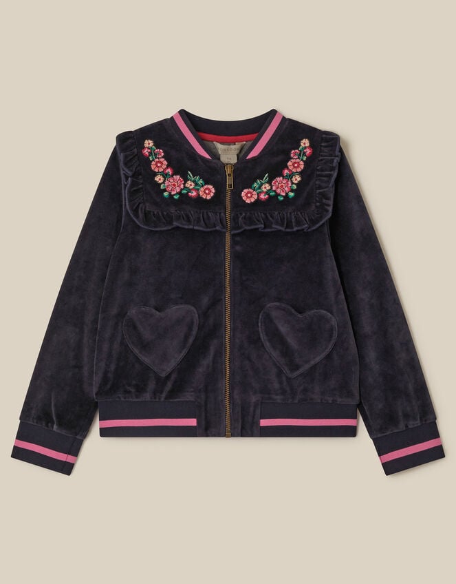 Embroidered Collar Velour Bomber Jacket, Blue (NAVY), large