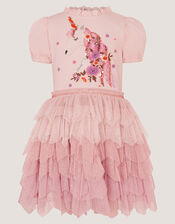 Unicorn Embellished Tiered Disco Dress, Pink (PINK), large