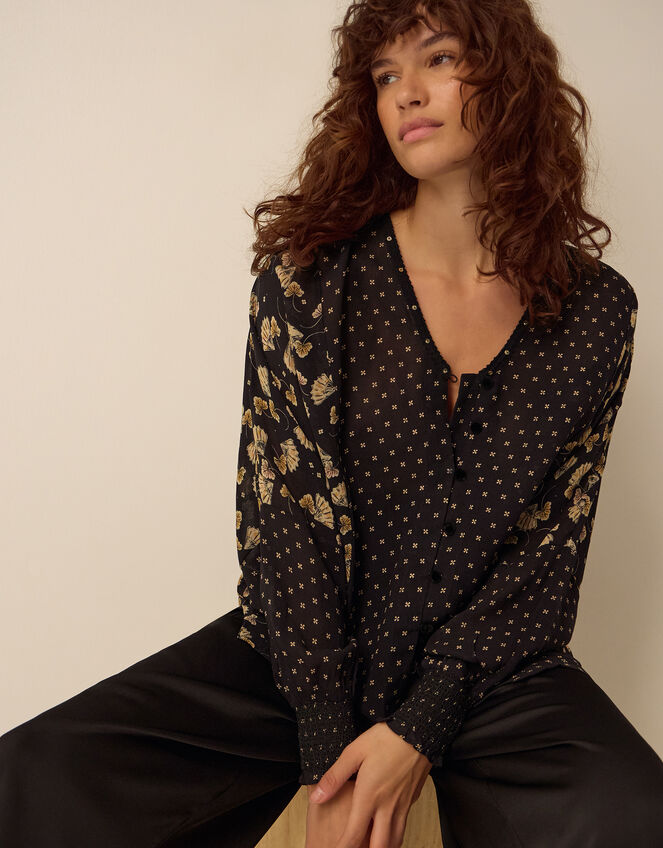 Clemence Amelie Batwing Sleeve Contrast Print Blouse, Black (BLACK), large