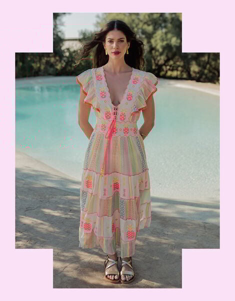 Piti Cuiti Pineapple Embroidered Maxi Dress, White (WHITE), large