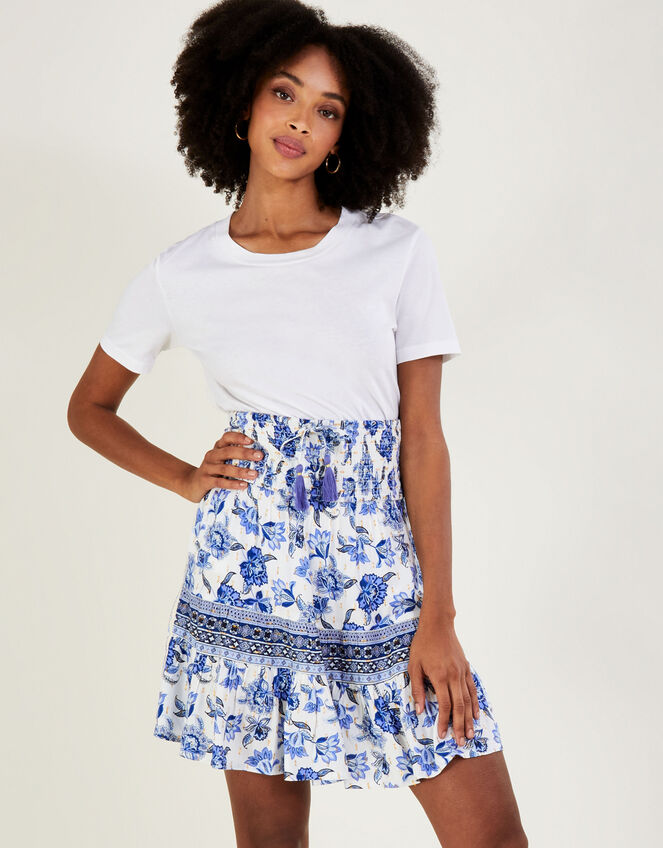 Floral Print Tie Waist Short Skirt, Blue (BLUE), large