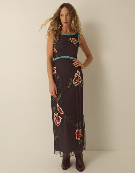 Luna Sleeveless Floral Embellished Mesh Midi Dress, Black (BLACK), large